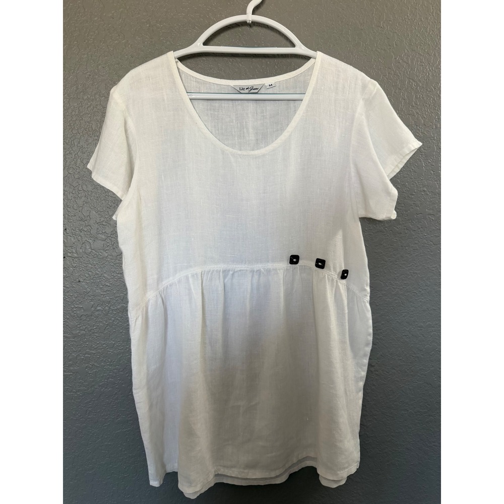 Liz & Jane White 100% Linen Babydoll Lagenlook Top M Short Sleeve Cool‎ Button
